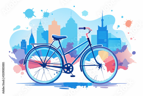 Colorful illustration of a bicycle in front of a city skyline.
