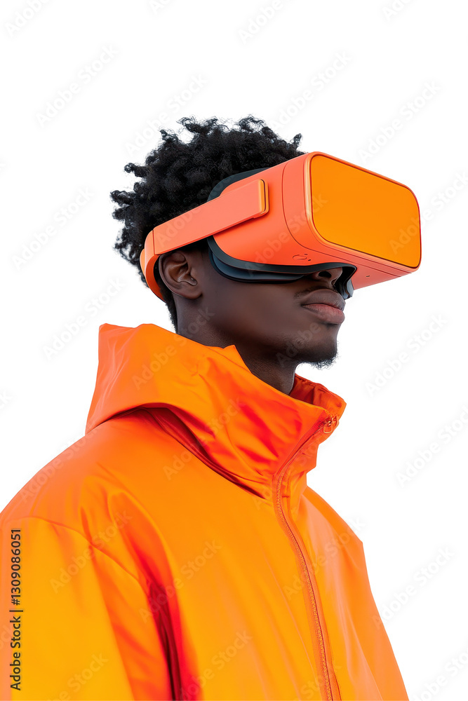 Isolated Man Wearing VR Headset and Orange Jacket Isolated Man Wearing VR Headset and Orange Jacket
