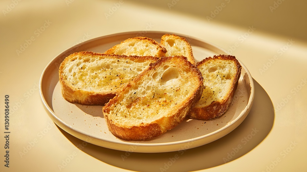 A plate of golden, crispy garlic bread with a buttery texture, placed against a gradient background transitioning from warm gold to pale beige on the right. The minimalist composition highlights A plate of golden, crispy garlic bread with a buttery texture, placed against a gradient background transitioning from warm gold to pale beige on the right. The minimalist composition highlights