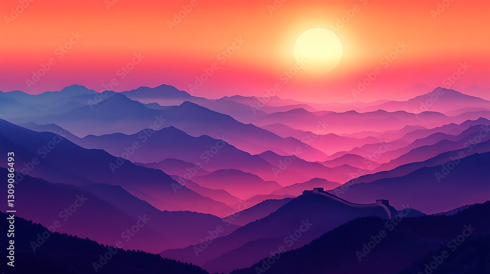 Fototapeta premium A stunning silhouette of the Great Wall of China, winding over rolling hills, set against a breathtaking sunrise gradient of deep orange, pink, and soft purple, with mist flowing through the valleys.