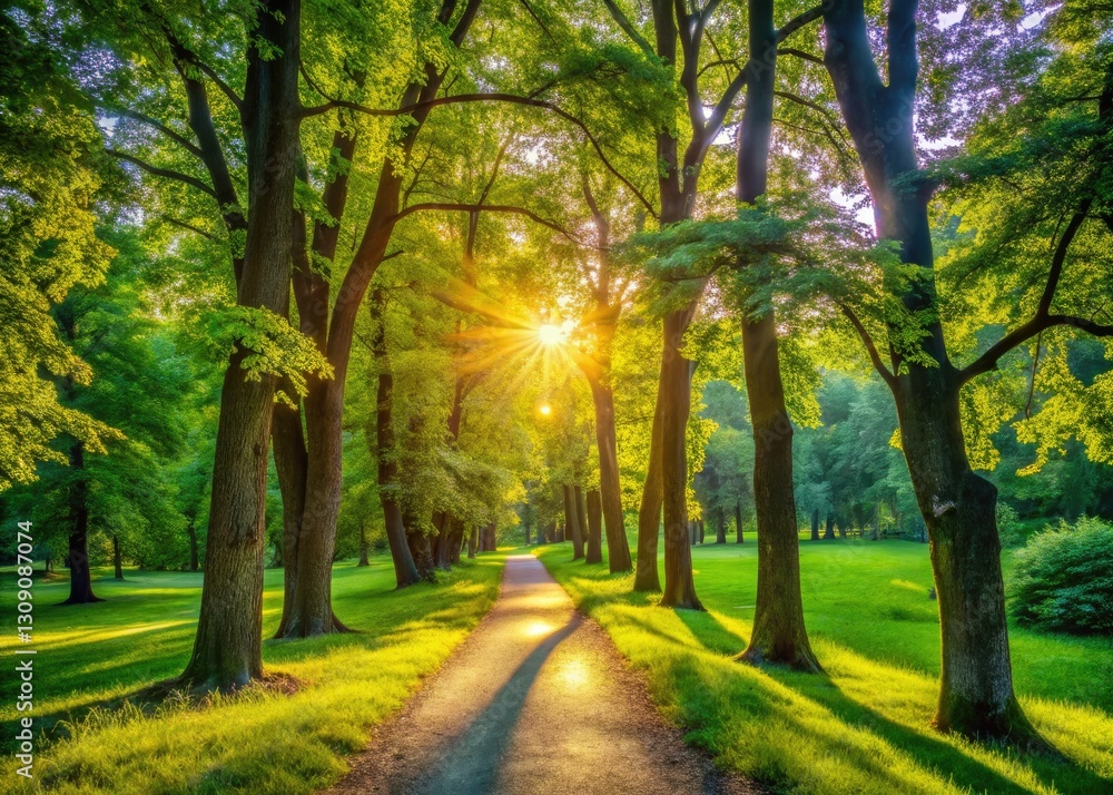 Obraz premium Sun-dappled forest path, summer's low light paints a serene park scene.