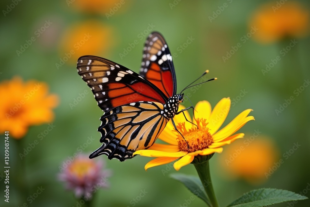 Colorful butterfly feeding on vibrant flower Colorful butterfly feeding on vibrant flower
