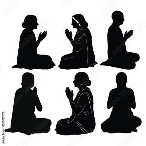 Silhouette set of different pose of  traditional Indian people of Hindu religion praying with white background