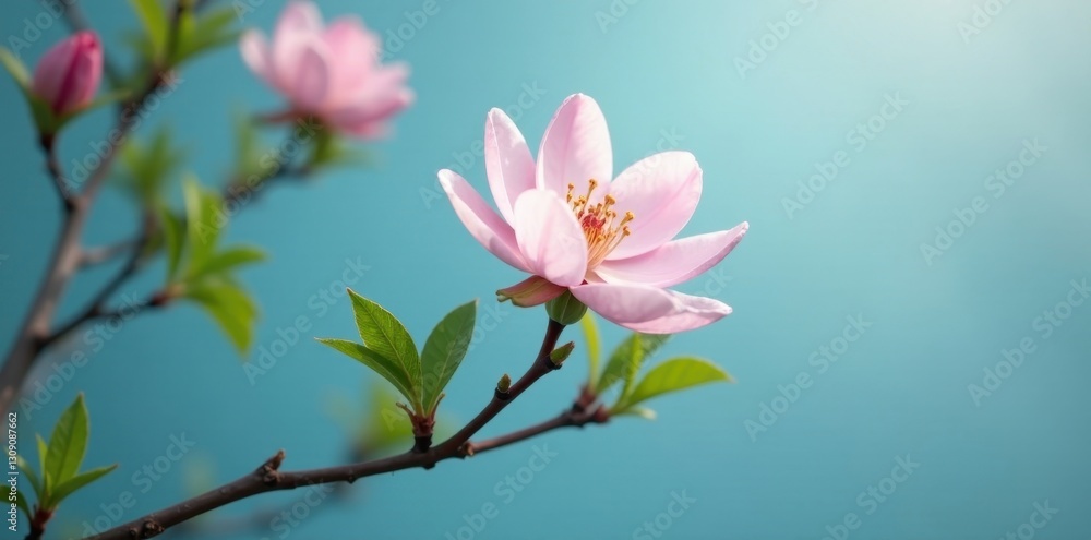 Fototapeta premium A Delicate Pink Blossom on a Branch Against a Serene Light Blue Sky
