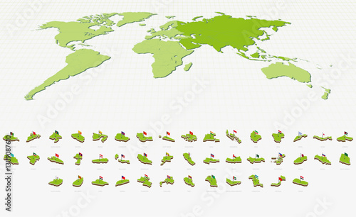 Asian Maps and Flags in Isometric Style. Isometric Maps Collection