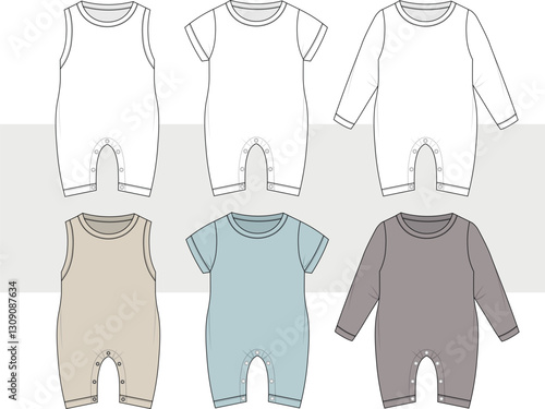 new born baby boys kids romper unisex bodysuit set infant onesies baby clothes set flat sketch vector illustration, cad.
