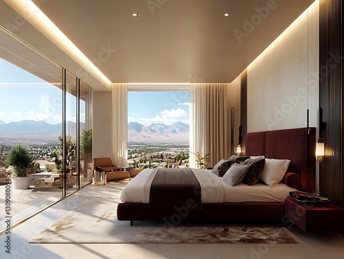 A luxurious Las Vegas hotel room with stunning views, designed for ultimate relaxation