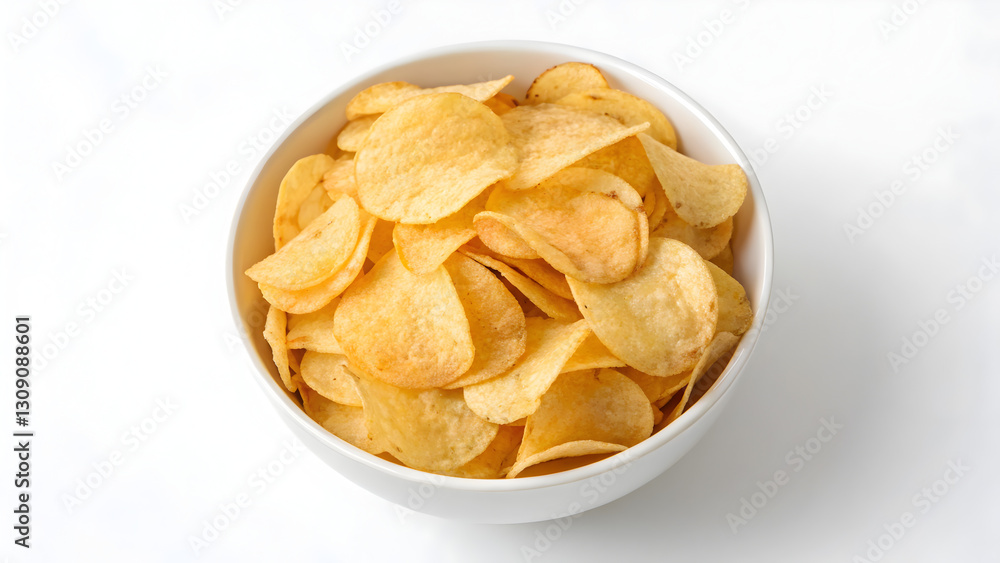 Top View of Assorted Bowl of Crispy Potato Chips with White Background Top View of Assorted Bowl of Crispy Potato Chips with White Background