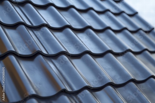 Close-up view of modern metal roof tiles installed on a residential building