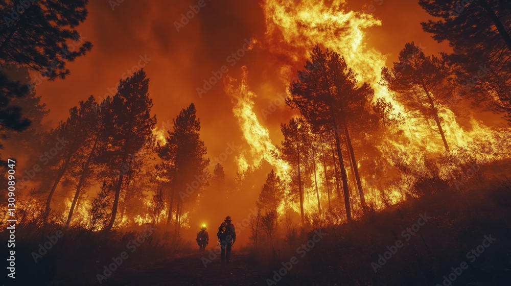 Forest fire burning trees. Firefighters walk through smoke. Flames are visible in background. Danger and intense heat. Forest disaster during dry season. Forest fire burning trees. Firefighters walk through smoke. Flames are visible in background. Danger and intense heat. Forest disaster during dry season.
