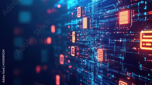 Vibrant Abstract Digital Composition Featuring Glowing Orange and Blue Squares against a Striking Blue and Red Background Evoking Energy and Creativity