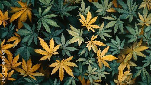 Wallpaper Mural A mesmerizing array of yellow and green leaves intricately woven on a deep blue canvas. Symmetrically positioned, they evoke a captivating depth and texture, with vibrant yellow leaves as the focal po Torontodigital.ca