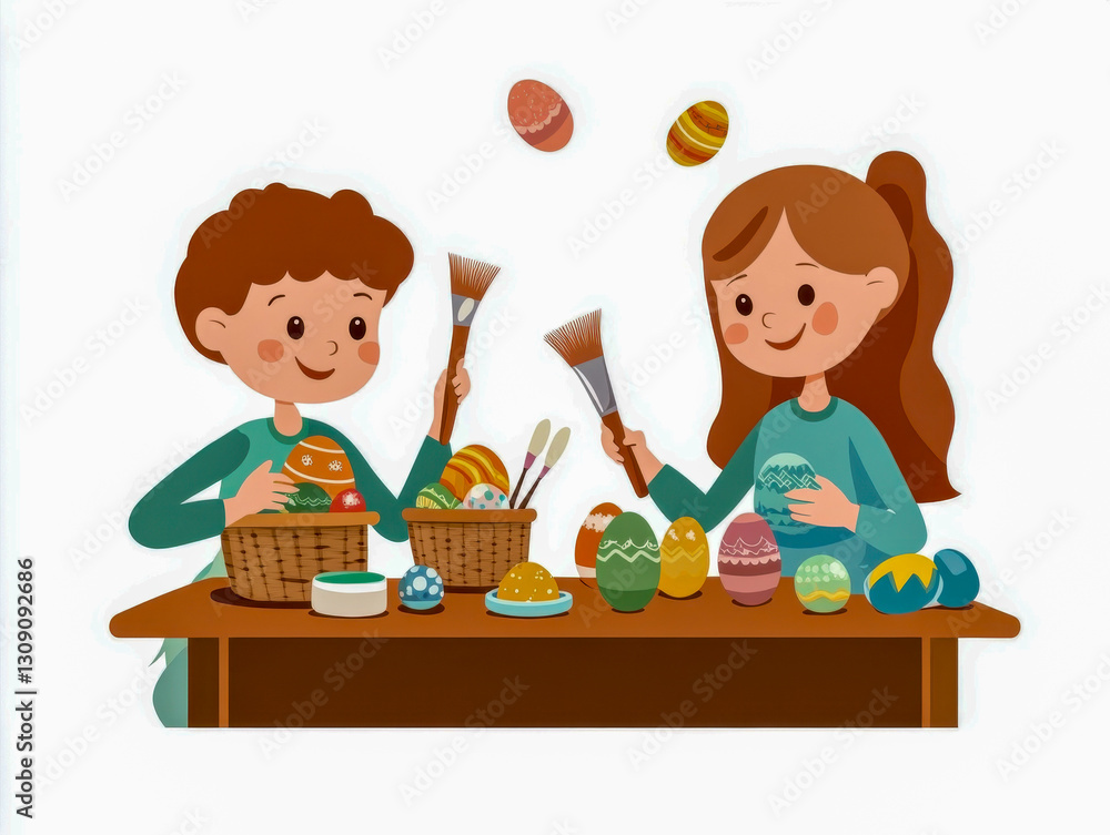 Children painting easter eggs on a table with brushes Children painting easter eggs on a table with brushes
