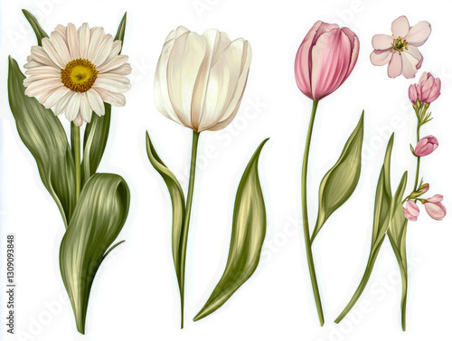 Wallpaper Mural Delicate illustration showcasing white daisy, tulips, and cherry blossoms on white background Torontodigital.ca
