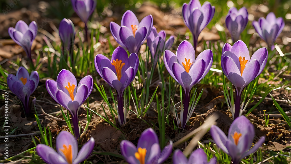 The first spring flowers. Purple crocuses (lat. Crocus) close-up in the morning sunlight. The first spring flowers. Purple crocuses (lat. Crocus) close-up in the morning sunlight.