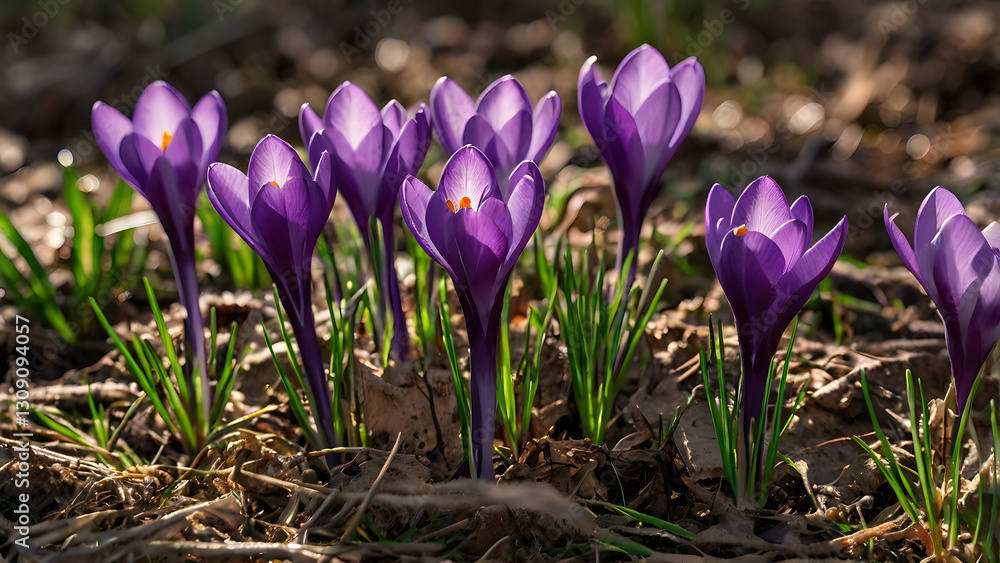 The first spring flowers. Purple crocuses (lat. Crocus) close-up in the morning sunlight. The first spring flowers. Purple crocuses (lat. Crocus) close-up in the morning sunlight.
