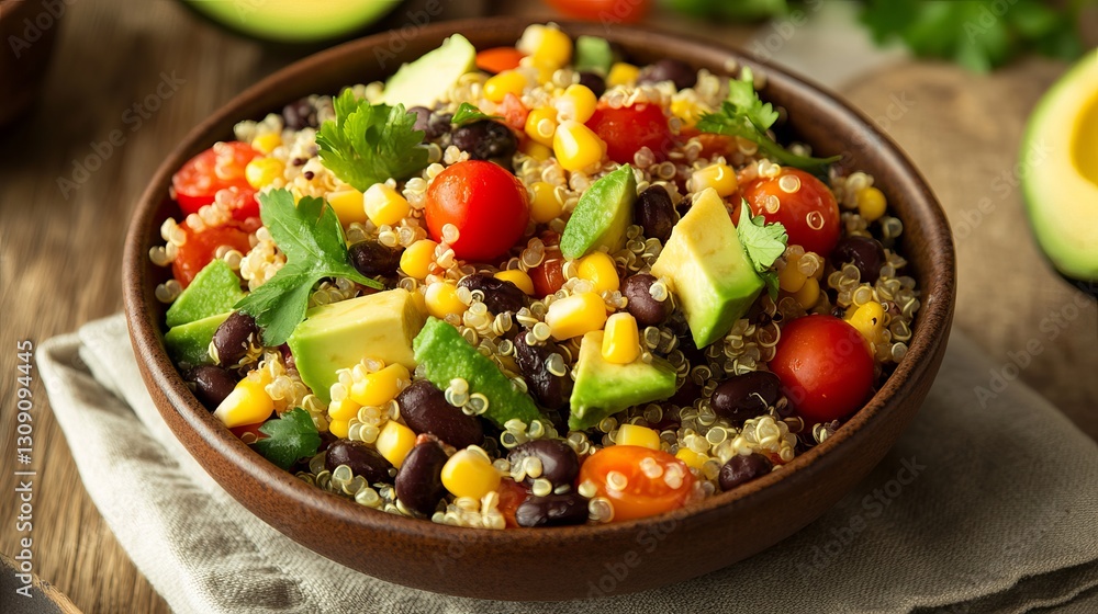 Delicious Quinoa Salad Recipe with Avocado Corn Black Beans Healthy Food Bowl Vibrant Colors Fresh Ingredients Summer Meal Preparation Dietary Delicious Quinoa Salad Recipe with Avocado Corn Black Beans Healthy Food Bowl Vibrant Colors Fresh Ingredients Summer Meal Preparation Dietary