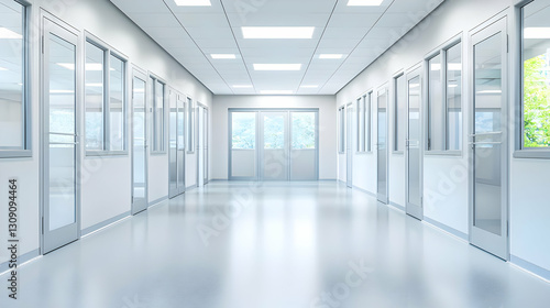 Modern Architectural Interior Bright White Hallway with Glass Doors Windows and Geometric Lines