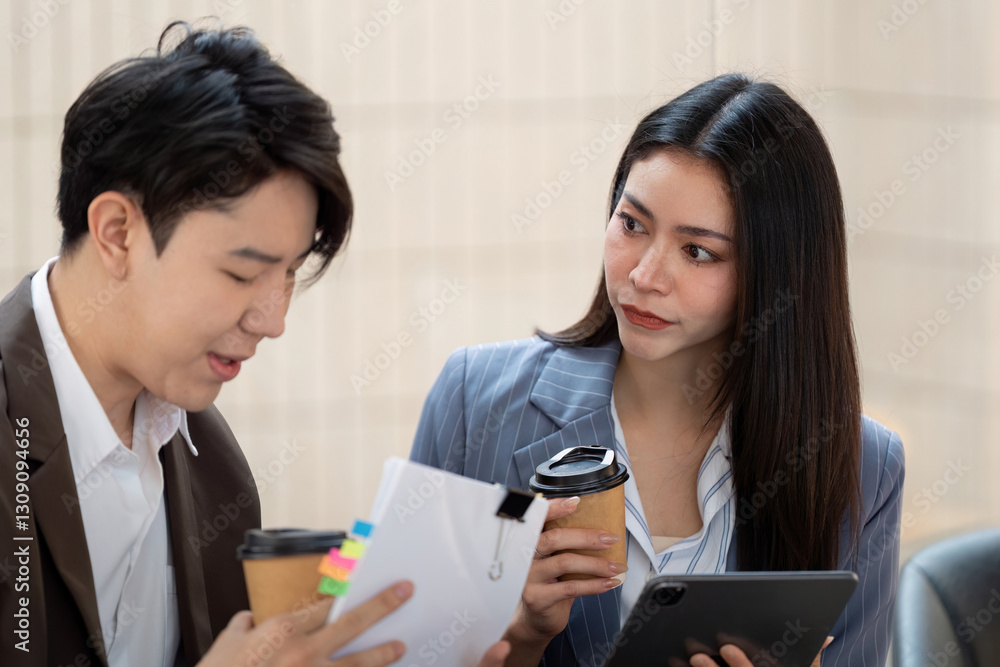 Collaborative discussion. Two business professionals analyzing a project with coffee in hand. Collaborative discussion. Two business professionals analyzing a project with coffee in hand.