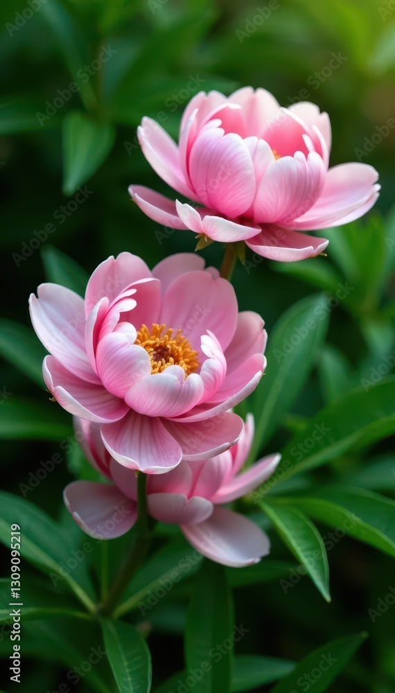 Soft pink peony blossoms, lush green foliage background, vibrant, petals Soft pink peony blossoms, lush green foliage background, vibrant, petals