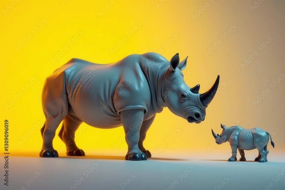 Obraz premium A large adult rhinoceros and a small young rhinoceros stand facing each other against a warm yellow background in a dramatic composition.