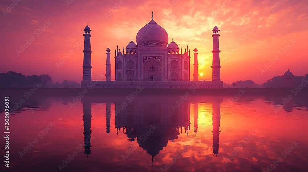 Obraz premium A tranquil scene featuring the Taj Mahal in silhouette, with its reflection in a smooth, undisturbed water surface, bathed in the delicate pink and orange hues of a setting sun. --ar 16:9