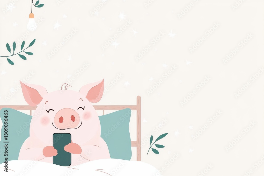 Obraz premium Pig lying in bed scrolling on a smartphone represents modern distractions and habits
