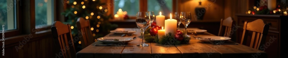 Candlelit dining area with a rustic wooden table, holidays, decorations, wood Candlelit dining area with a rustic wooden table, holidays, decorations, wood