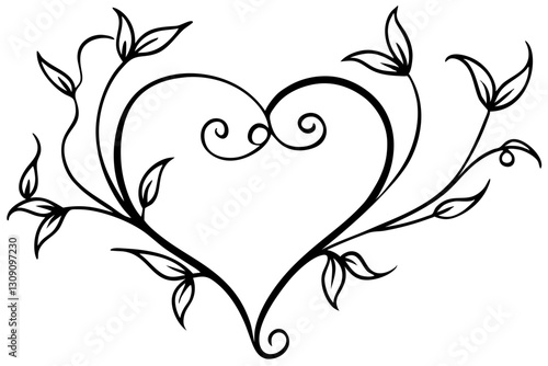 abstract heart with floral vines line art