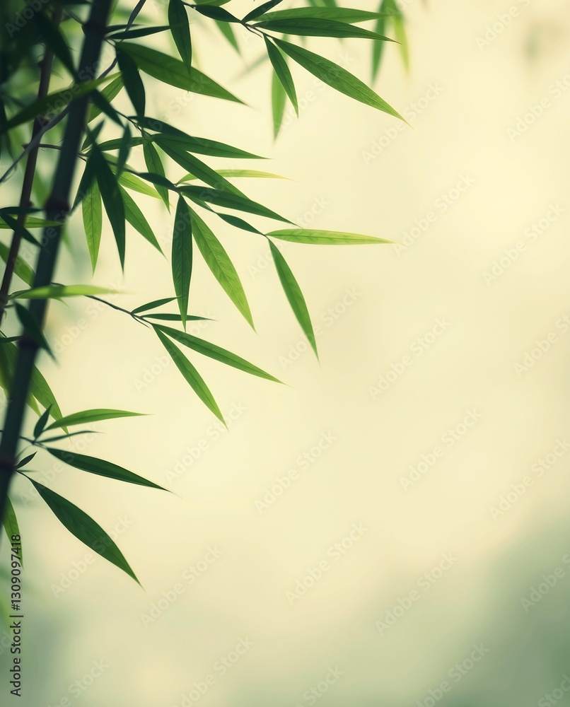 Naklejka premium Green bamboo leaves and stems with a sky background.