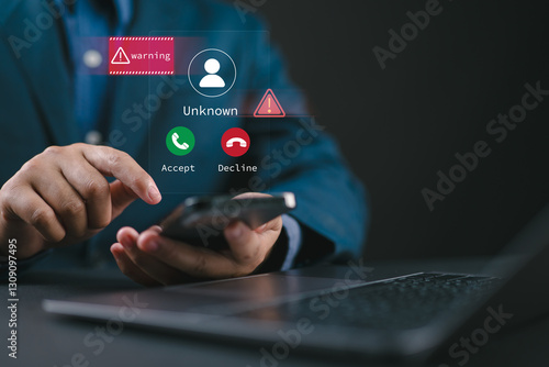 Foto Scam or spam alert calls, Man receiving unknown caller notification with a Warning Messages to Prevent Scams, Fraud, and Identity Theft on smartphone, Mobile Security Against Cybercrime