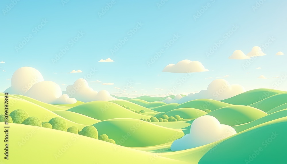 Obraz premium A dreamy cartoon landscape scene showing rolling green hills and fluffy clouds