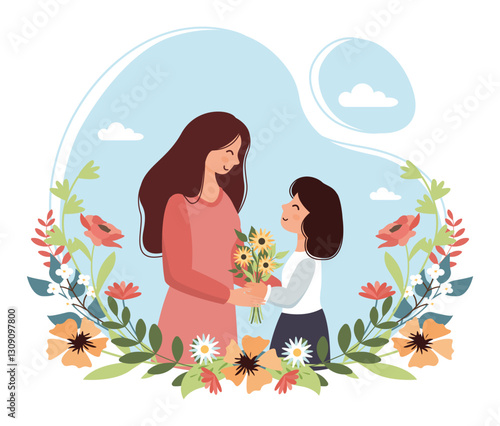 Mothers Day Illustration with Mom Hugs Daughter.