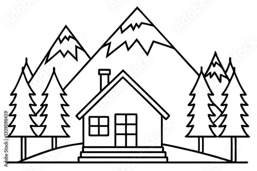 mountain cabin in the woods line art