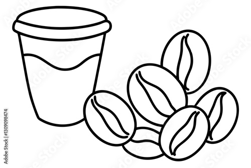 Coffee beans and cup outline drawing