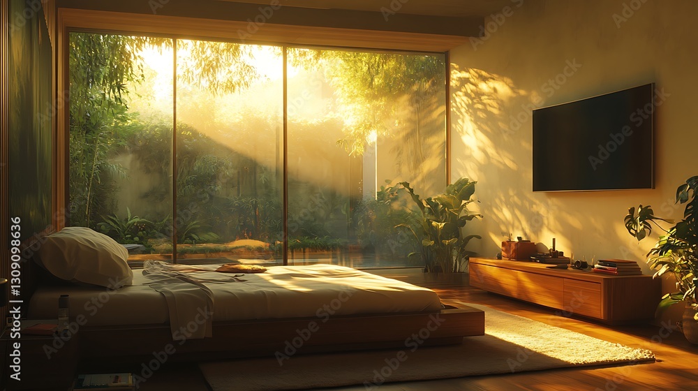 Fototapeta premium Bed in bedroom interior with sunlight filtering from garden for home decor