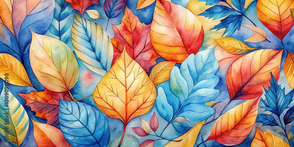 Fototapeta premium Vibrant Autumn Foliage A Watercolor Painting of Colorful Leaves in Warm and Cool Hues, Depicting the Beauty of Nature's Seasonal Transformation