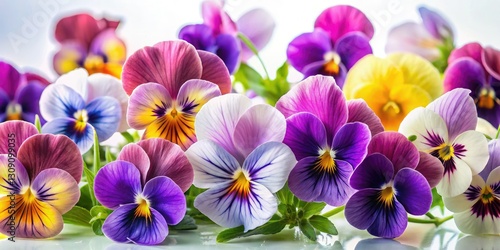 Breathtaking close-up pansies against a pristine white backdrop. High-resolution spring floral photography.