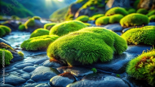 Lush Green Moss Cushions Adorning Smooth, Dark Stones Beside a Gently Flowing Stream