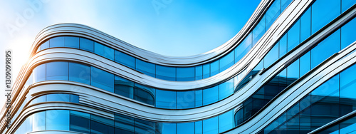 A modern office building with curved glass windows
