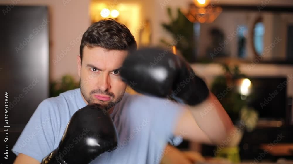 Funny man playing around with boxing gloves Funny man playing around with boxing gloves