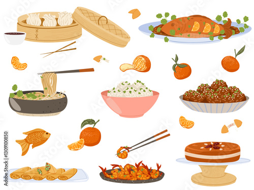 Asian food set. Chinese traditional cuisine with various dishes. Vector flat illustration. Gyoza, grilled fish, noodles, rice balls, meatballs, spring rolls, shrimps, rice cake isolated on white