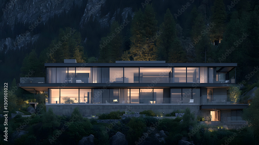 Obraz premium Modern luxury residence with glass windows and evening illumination set against a mountain landscape
