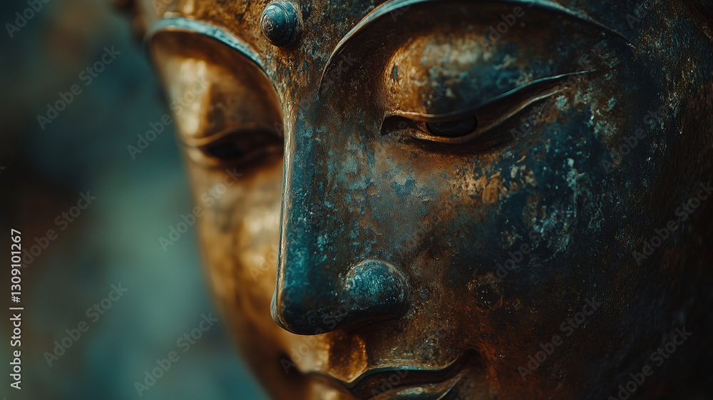 Ancient bronze Buddha head sculpture with intricate details and serene expression, showcasing beauty of Thai craftsmanship and spirituality Ancient bronze Buddha head sculpture with intricate details and serene expression, showcasing beauty of Thai craftsmanship and spirituality
