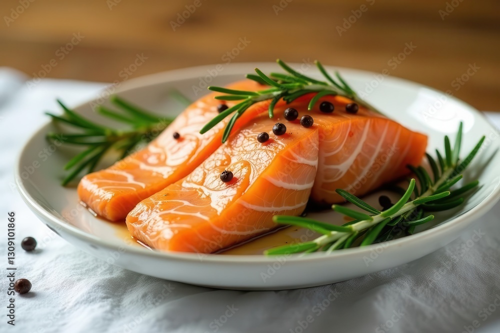 Delicious salmon fillets seasoned with peppercorns and fresh rosemary sprigs, artfully arranged on a pristine white plate Delicious salmon fillets seasoned with peppercorns and fresh rosemary sprigs, artfully arranged on a pristine white plate