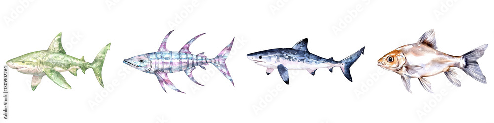 Fototapeta premium Various fish species watercolor illustration set isolated on transparent background
