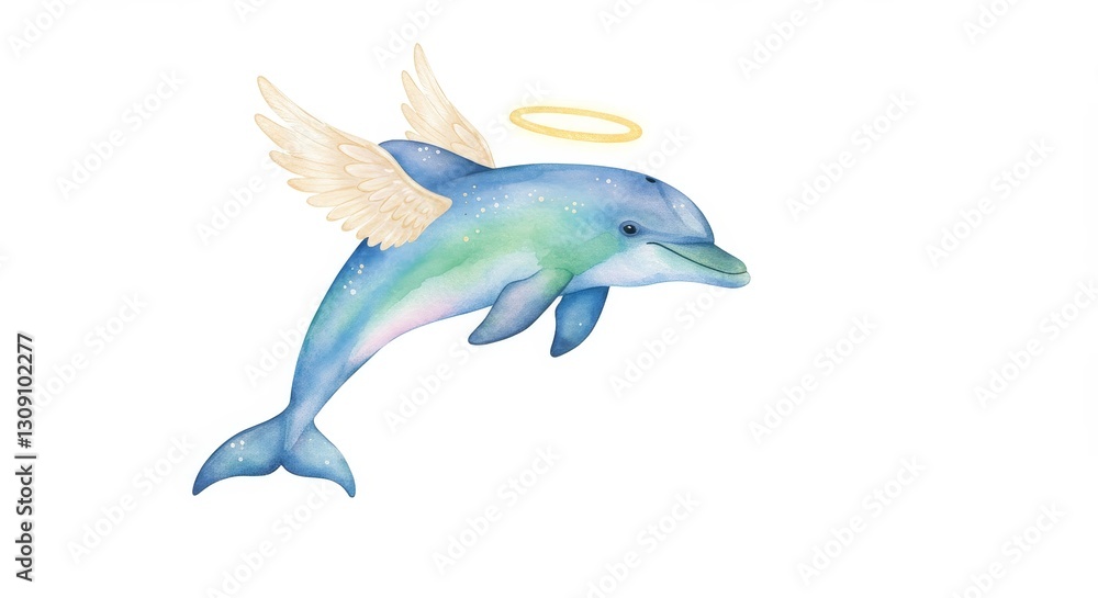 Obraz premium Watercolor Dolphin with Halo and Wings in a Dreamy - A whimsical dolphin with angelic wings and a halo symbolizing freedom, peace, purity, joy, and connection to nature
