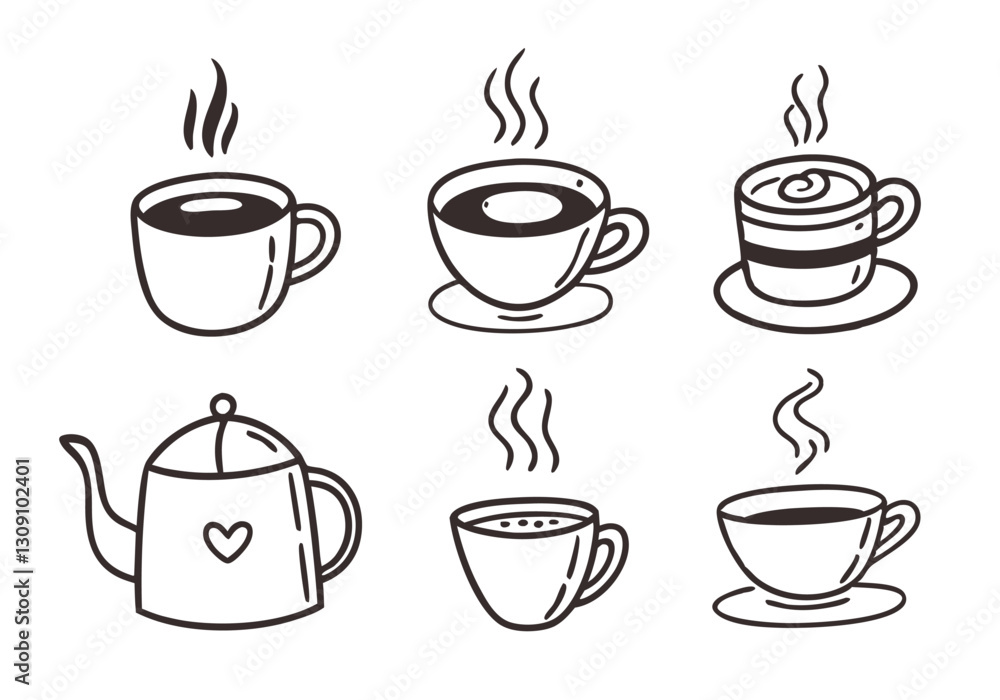 Hand-drawn hot drinks set with doodle-style on a white background. Includes coffee, tea, cappuccino, espresso, latte, americano, and hot chocolate. Vector illustration Hand-drawn hot drinks set with doodle-style on a white background. Includes coffee, tea, cappuccino, espresso, latte, americano, and hot chocolate. Vector illustration