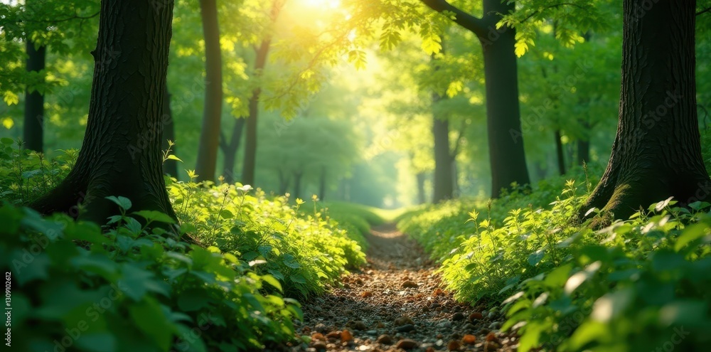 Fototapeta premium Sun-dappled spring forest floor, vibrant green foliage, shadow, fresh, ground