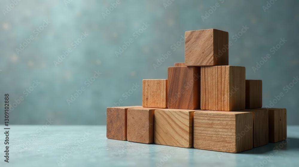 Wooden blocks arranged in a pyramid shape on a textured surface, illustrating concepts of growth, stability, and construction. Wooden blocks arranged in a pyramid shape on a textured surface, illustrating concepts of growth, stability, and construction.